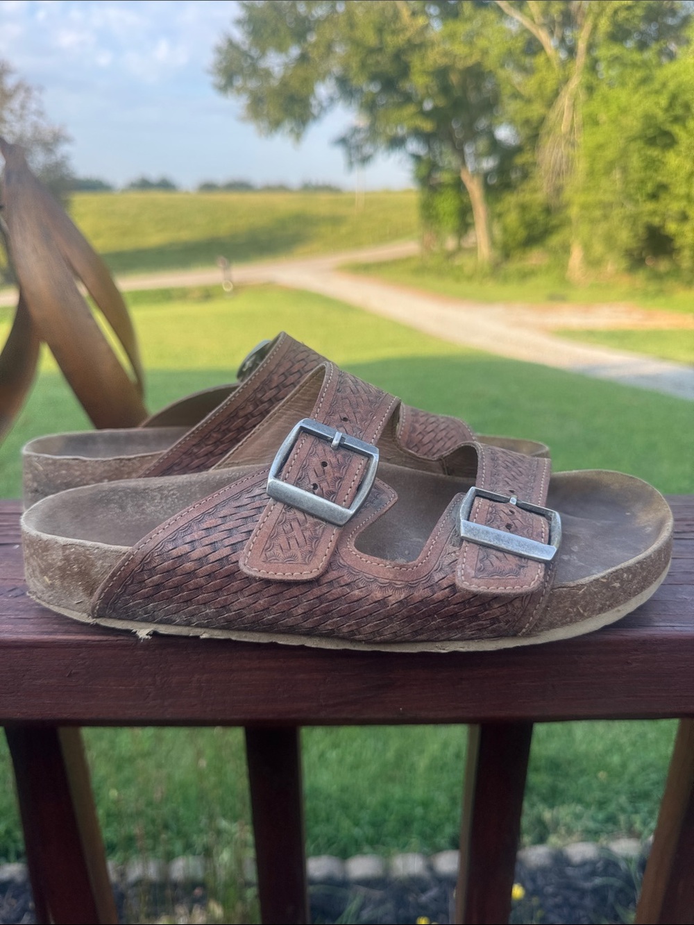 Myra Bag Brown Woven Double-Buckle Slide Sandals